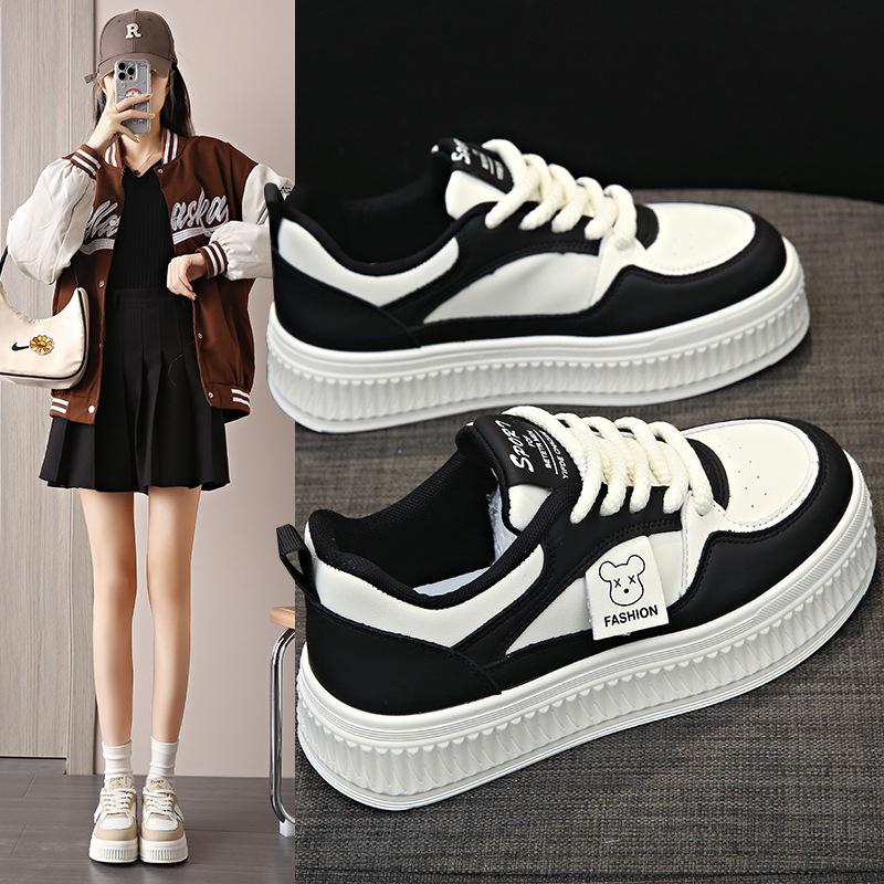 厚底板鞋女款2024新款春秋季百搭黑白软皮女鞋舒适休闲运动小白鞋