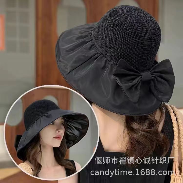 Summer New Buggy Bag Vinyl Sun Protective Hat Bow Female Breathable Big Brim Outdoor Beach Bucket Hat Wholesale