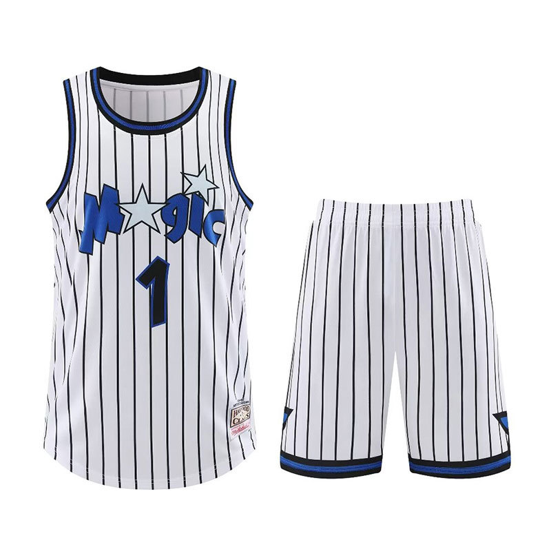 魔术1号麦迪球衣套装成人背心篮球服条纹黑白蓝色打球训练装备男