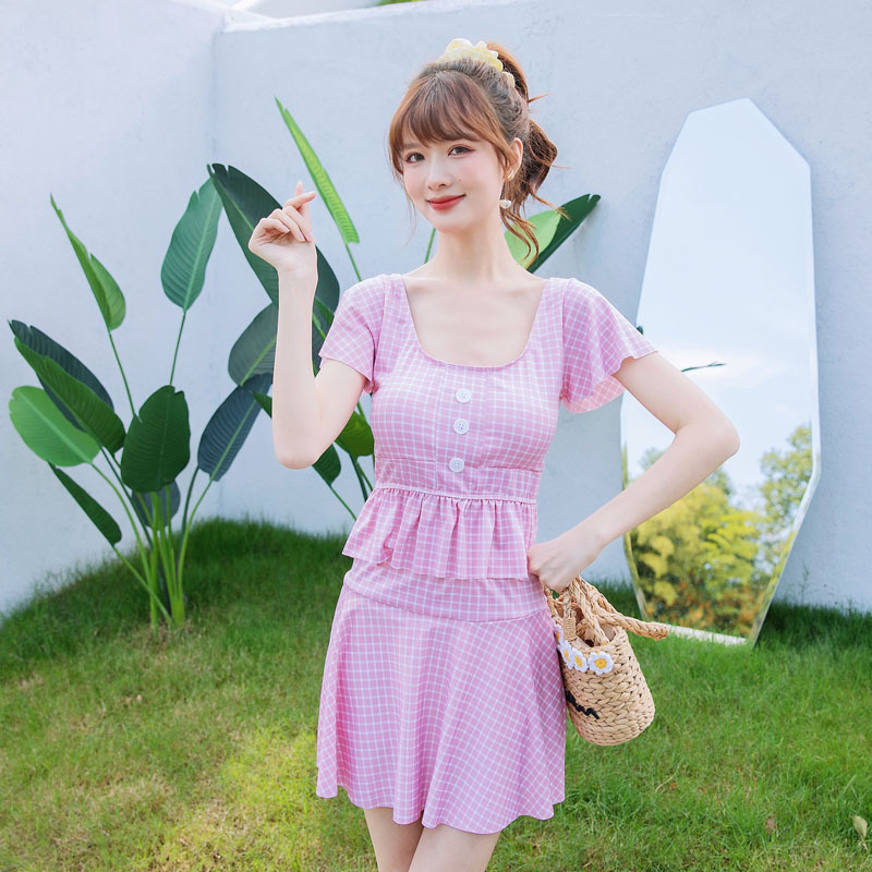 2023新款分体甜美少女学院风女士游泳衣显瘦露腰裙式平角温泉泳装