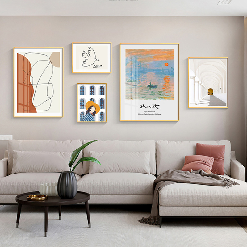 现代简约客厅装饰画北欧风沙发背景墙创意组合画莫奈轻奢抽象挂画