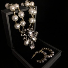 新款时尚珍珠锆石花朵项链耳环套装欧美重工热卖女饰品珍珠毛衣链