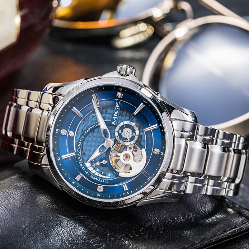 mige米格名牌手表男机械表全自动镂空飞轮男女士手表商务夜光防水