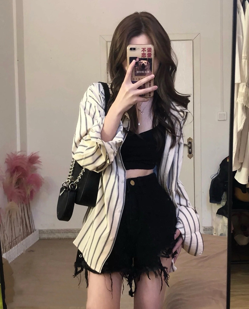 酷盐系穿搭女小个子轻熟风港味御姐炸街辣妹衬衫牛仔短裤两件套装