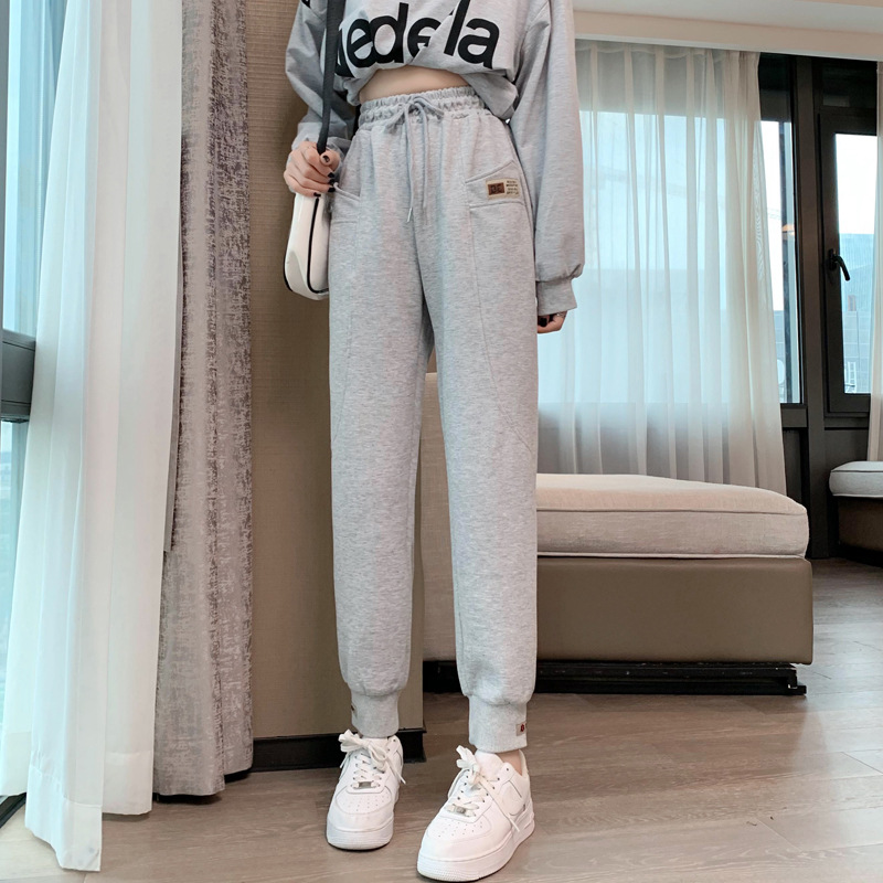 实拍珠地空气层灰色运动裤女宽松束脚裤子2021新款哈伦休闲卫裤