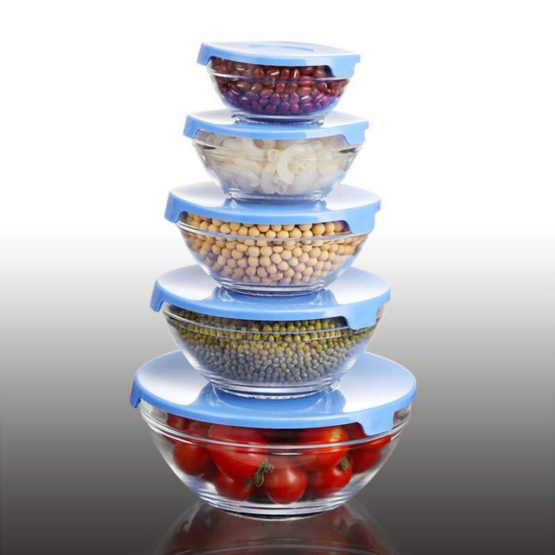 Glass Heat-Resistant Freshness Bowl Five-Piece Set with Lid 808 Bowl Food Storage Salad Instant Noodles Glass Mixing Bowls Shop Gifts