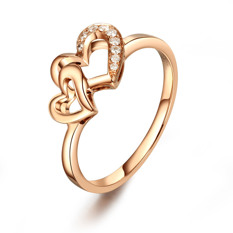 幸福久久双爱心钻戒18k玫瑰金镶钻戒指定制简约钻石指环