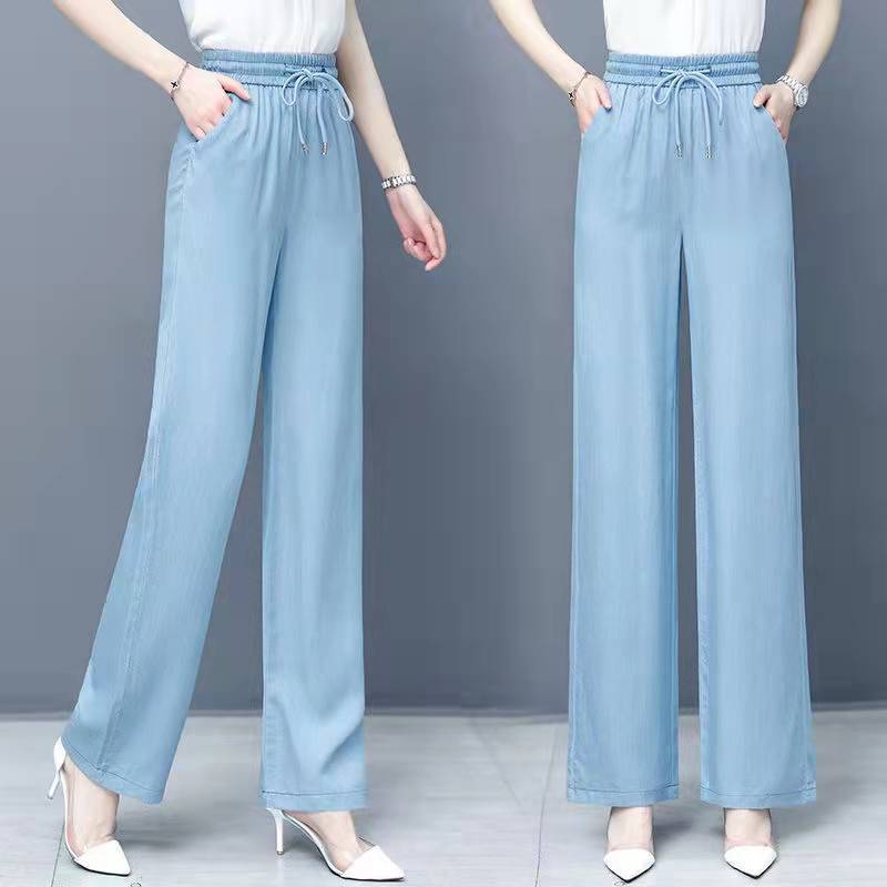 Tencel Solid Color Pants Blue Cool Cropped Pants Versatile Loose Wide-Leg Pants 2022 Summer New Quantity Discounts