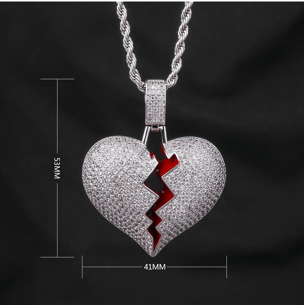 欧美嘻哈破裂爱心吊坠微镶锆石满钻项链男女ins流行饰品跨境批发