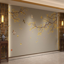 新中式电视背景墙壁纸银杏叶花鸟大气壁画客厅沙发卧室影视墙布