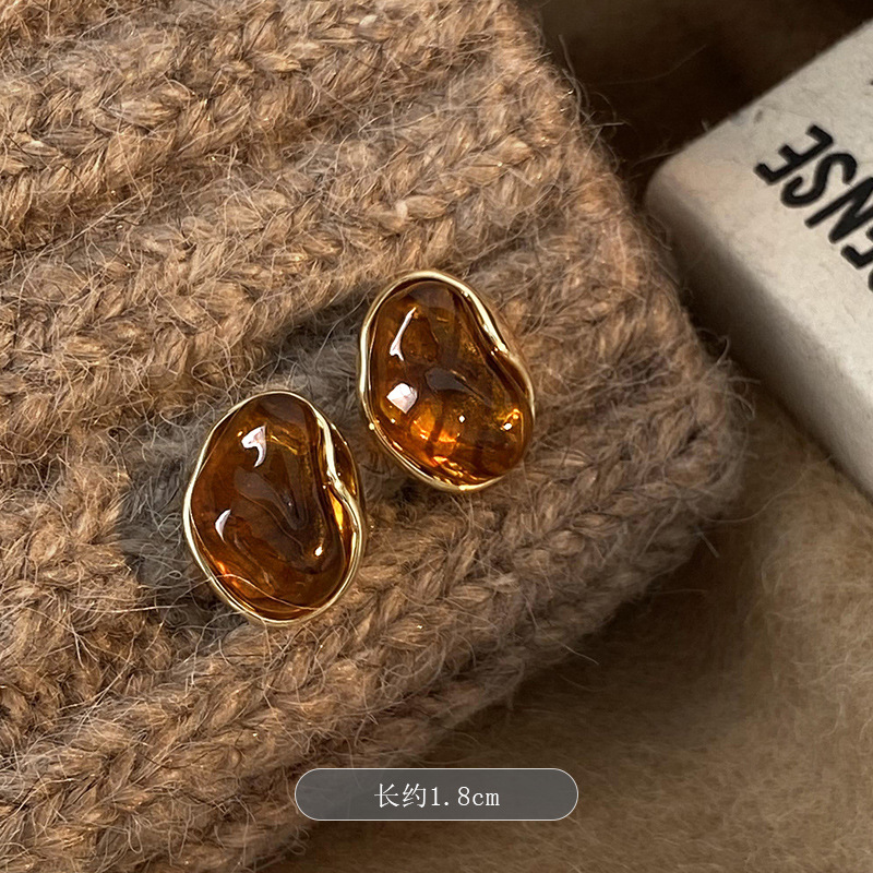 Silver Needle Vintage Coffee Color Resin Tiger Eye Stone Water Drop Earrings Personalized Commuter All-Match Earrings French High-Grade Earrings