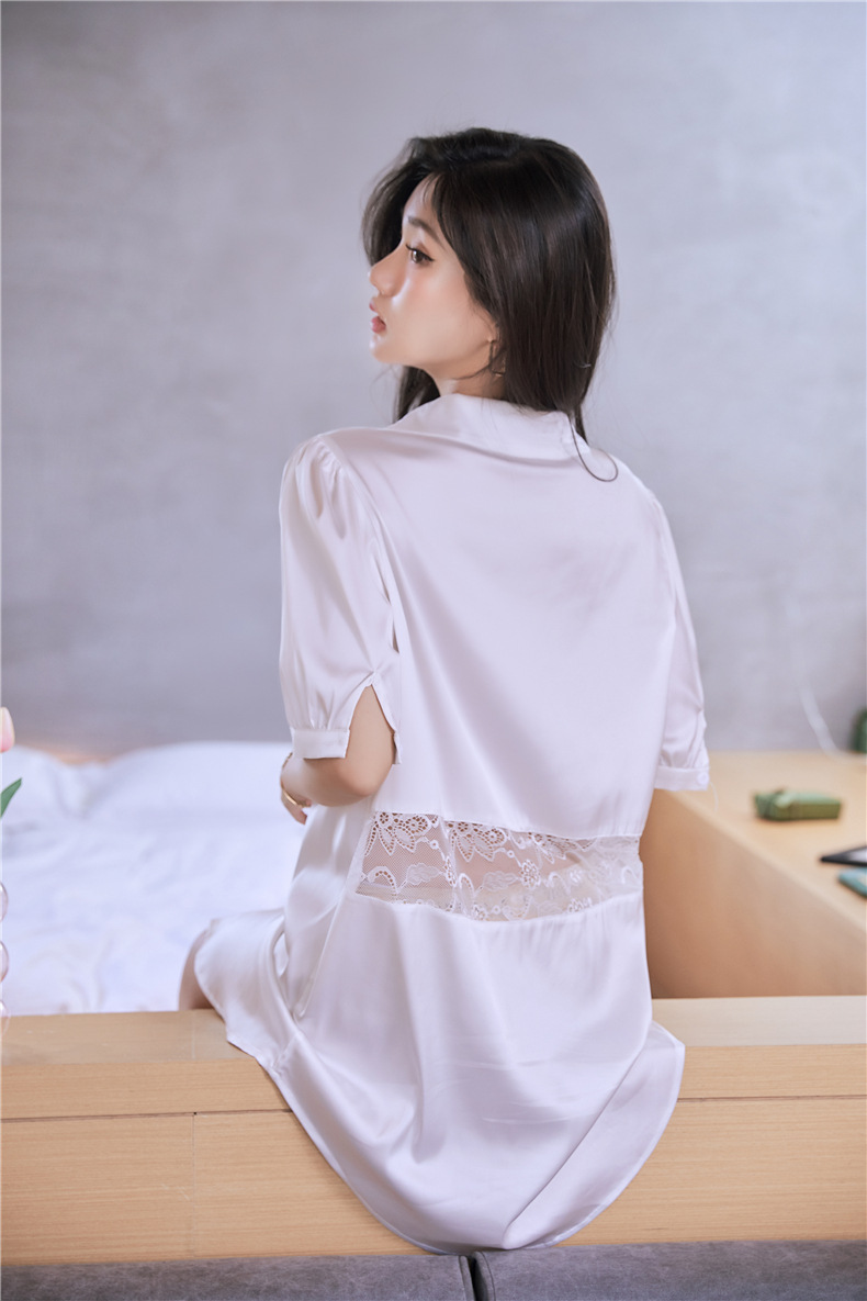 冰丝睡衣女夏季薄款后背蕾丝性感丝滑短袖睡裙宽松开衫家居服夏