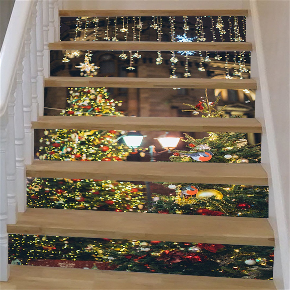 尚易圣诞节楼梯贴3d圣诞树防水可移除自粘墙贴台阶装饰贴纸t053