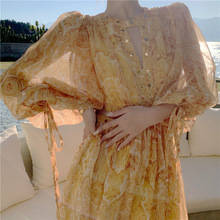 实拍三亚沙滩裙超仙小心机波西米亚黄色拍照防晒长袖连衣长裙海边