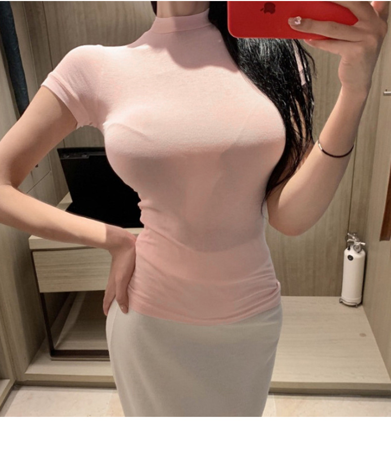 2021韩国东大门夏季新款显胸性感紧身微透舒适半高领短袖t恤上衣