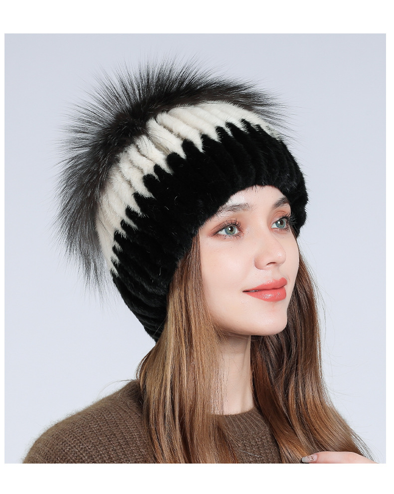 外贸貂毛帽子女士冬季皮草护耳保暖滑雪帽狐狸毛套头帽跨境热卖