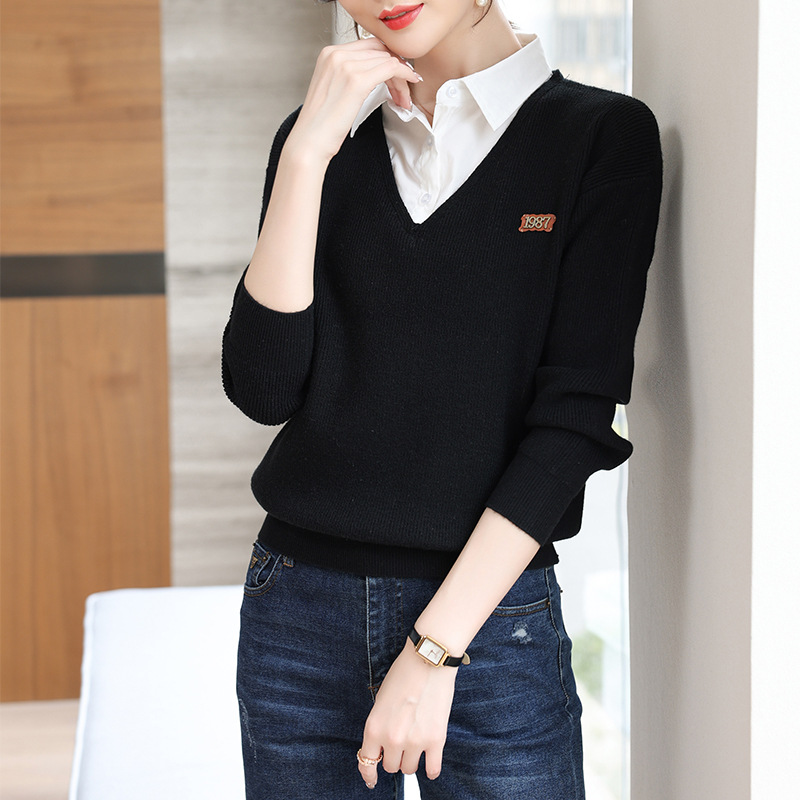 False Two-Piece Shirt Collar Top Women's Long Sleeve Early Autumn Clothing 2023 New Thin Sweater Spring and Autumn Knitted Bottoming Shirt