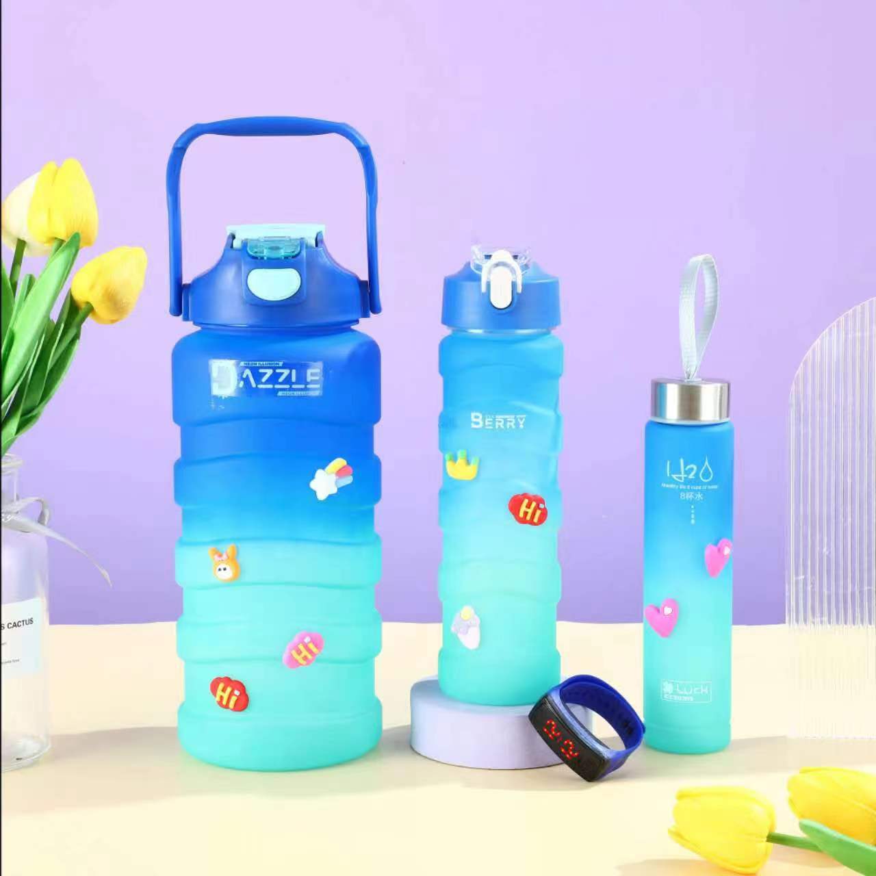Portable Gradient Plastic Cup Large Capacity Cup with Straw Three-Piece Outdoor Sports Fitness Plastic Cup Wholesale