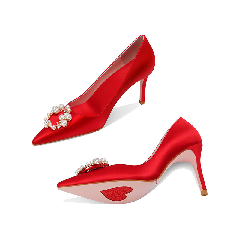 丝绸秀禾红色婚鞋女中国风珍珠尖头浅口细高跟时装礼服婚鞋子33码