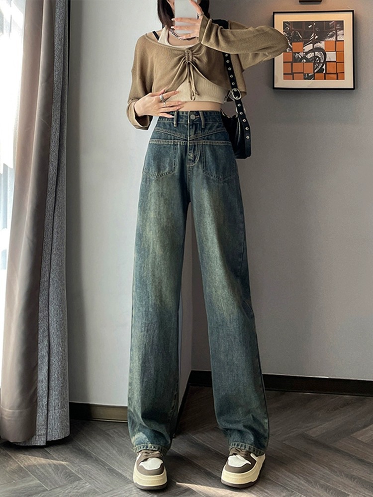 Cement Gray Wide-Leg Jeans Women's Autumn Clothing 2023 New High Waist Loose Drooping Straight Pants American High Street