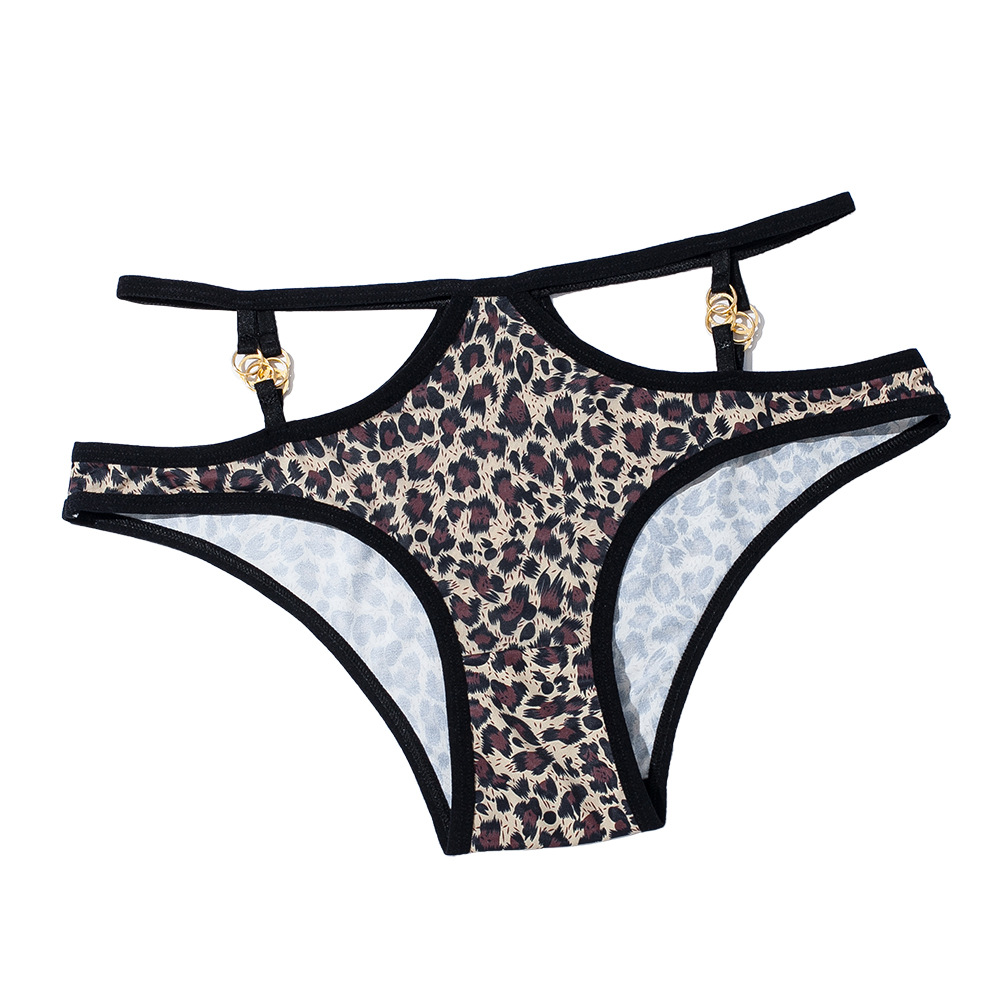 Leopard Print Underwear Girl European and American Metal Buckle Sexy Strip Hollow Hip Lifting Sexy Mid Waist Briefs plus Size 6005