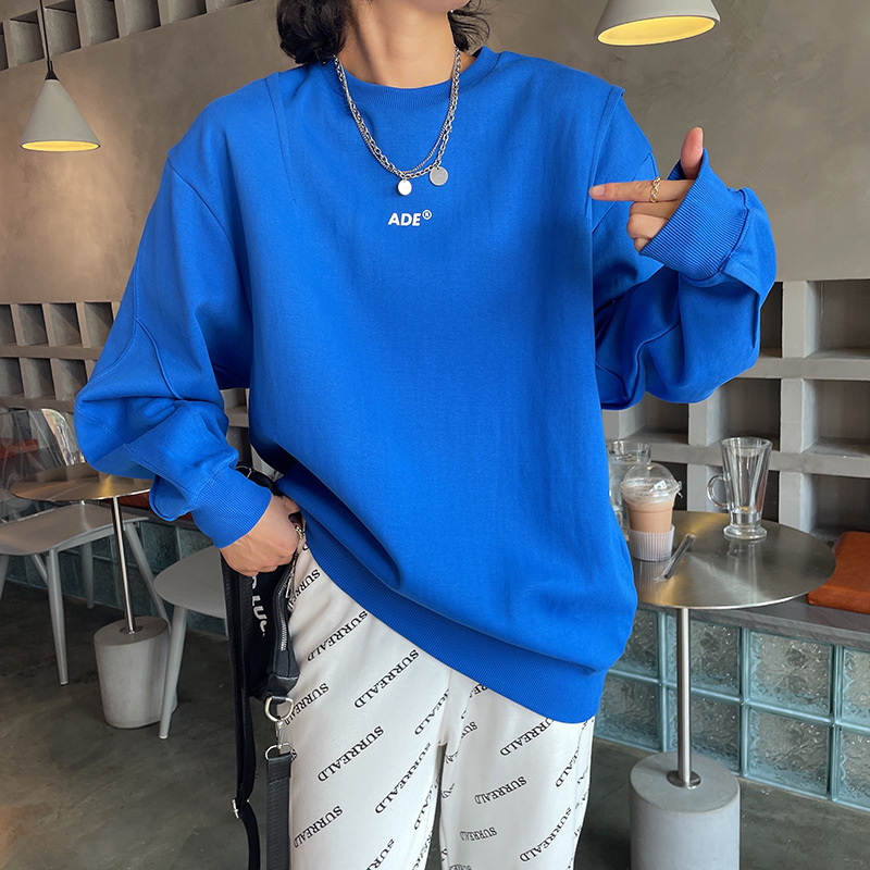 ader春秋韩国男女新品克莱因蓝情侣款上衣慵懒风印花蓝色圆领卫衣