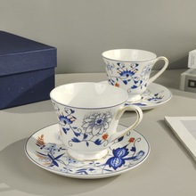 德国M家蓝色森林花朵杯碟套装手绘描金咖啡具杯碟下午茶礼盒套装