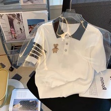 2022款韩版白色小熊印花Polo衫短袖女夏季新款学院风减龄洋气针织