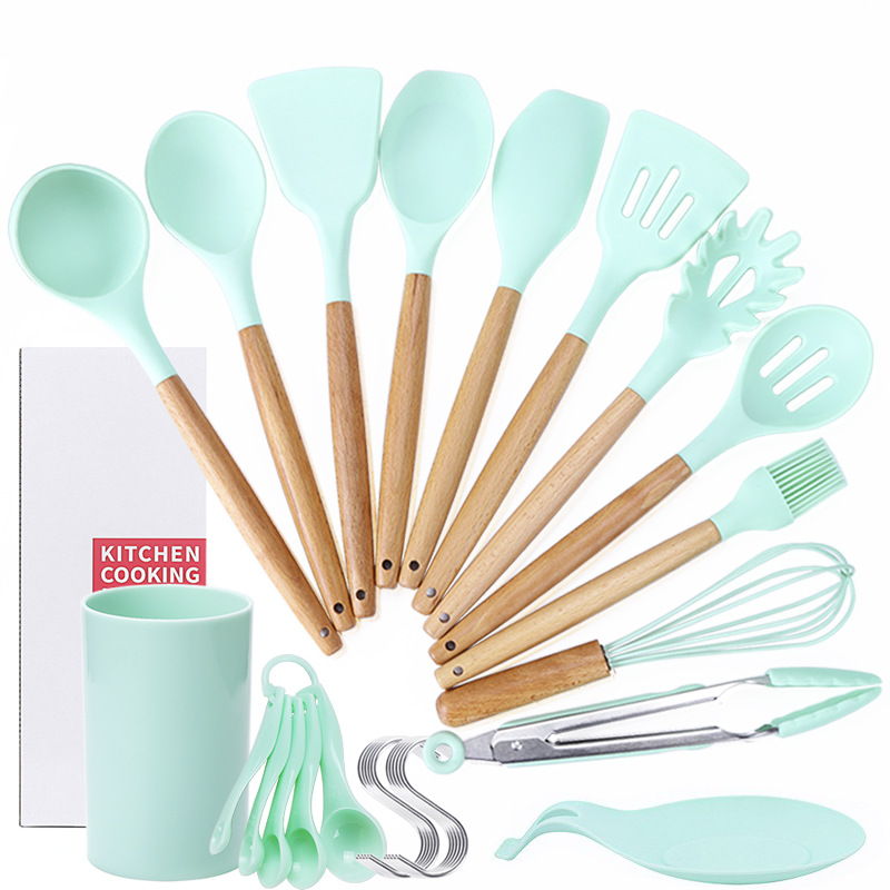 Amazon High Temperature Resistant Silicone Wooden Handle Kitchenware 11-Piece Baking Utensils Suit Non-Stick Pan Cooking Spoon and Shovel