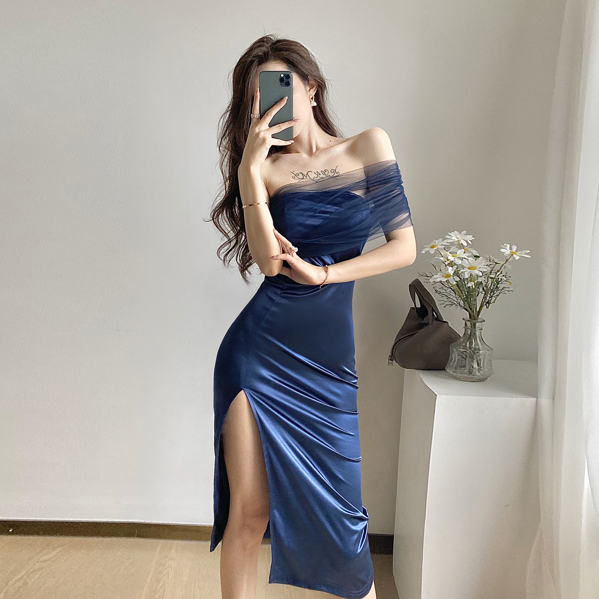 单肩派对晚礼服长款修身 性感一字肩网纱拼接气质开叉连衣裙a967