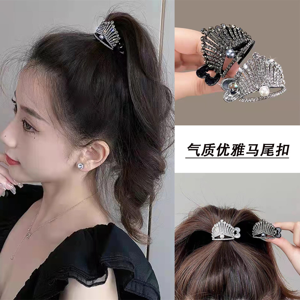 韩国ins镶钻珍珠高马尾固定抓夹夏季皇冠鲨鱼夹网红气质头饰发卡