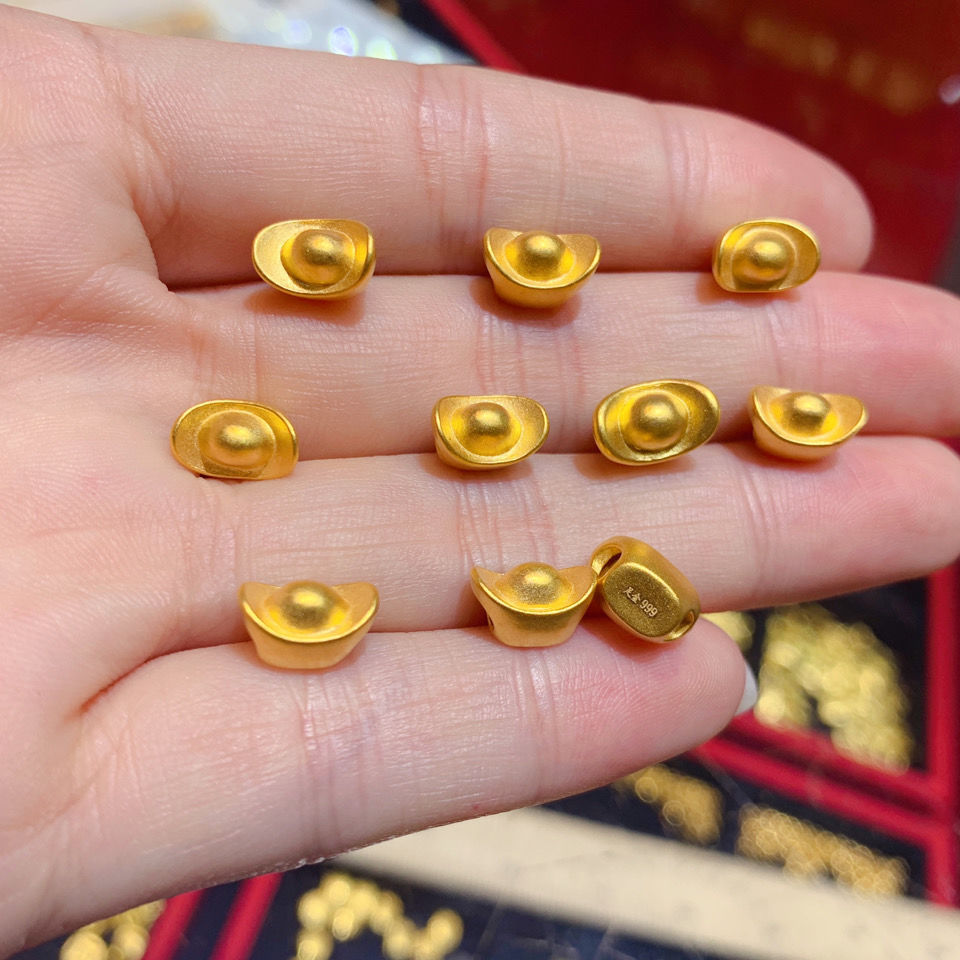 3d硬黄金999足金24k光面小元宝转运珠手绳手链本命年宝宝男女