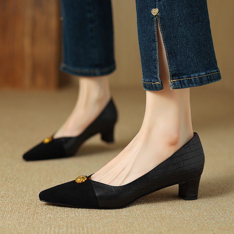 四季通勤女鞋春夏季新款鞋子方头粗跟中跟鞋拼接金属扣浅口单鞋女