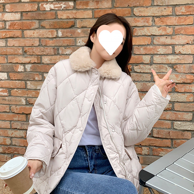 短款拼接羊羔毛领轻薄菱格棉服女秋冬新款韩版休闲保暖棉袄外套潮