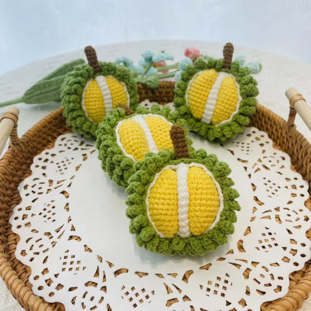 成品手工编织毛线玩偶榴莲仿真水果钥匙扣挂件钥匙扣玩具摆摊批发