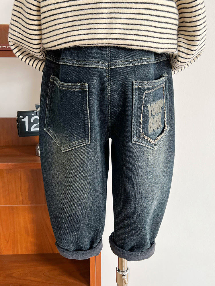 Nausicaä of the Valley of the Wind 2023 Autumn and Winter New Children's Pants Children's Vintage Fleece-Lined Jeans Boys' Trendy Cool All-Match Letters Trousers