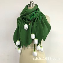 ins风设计2024秋冬田园风 白色郁金香花朵围巾绿色保暖女士围巾