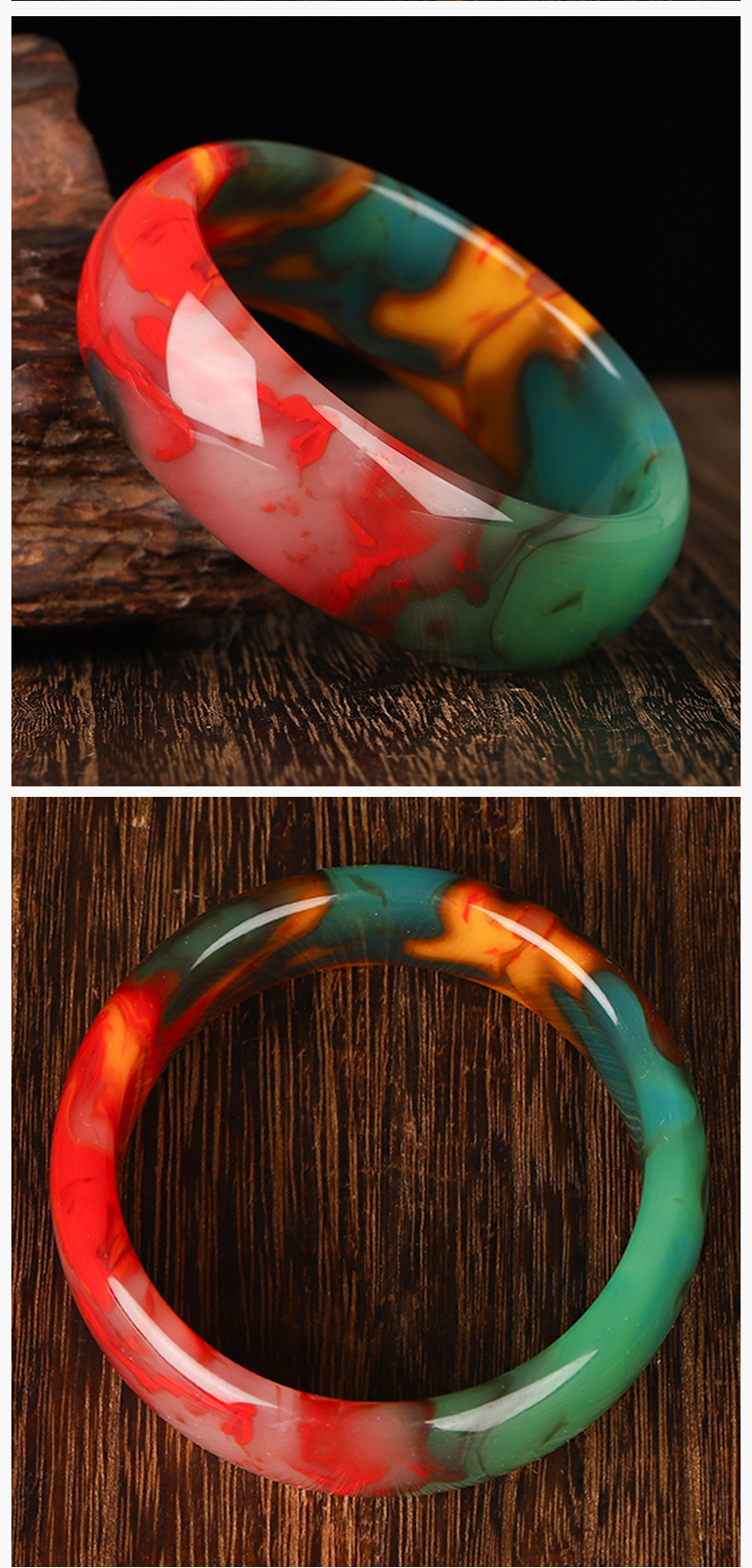 彩玉宽仿翡翠玉手镯 五彩鸡血玉手镯外蒙料玉石手镯 冰种飘花手镯