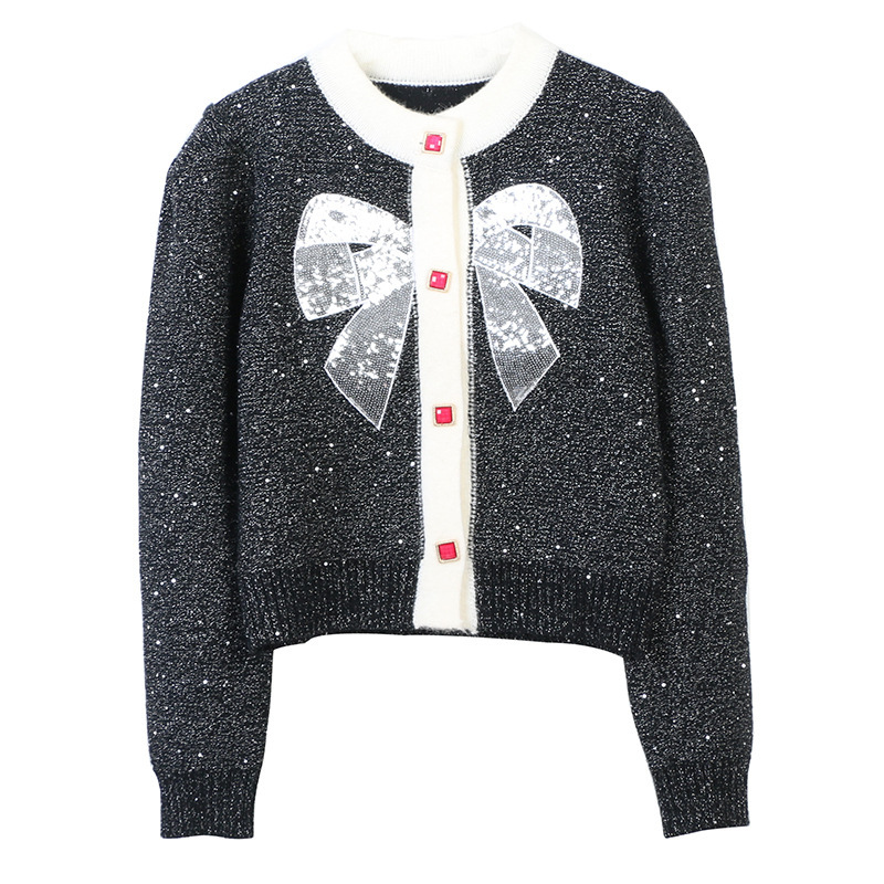 Sweet Sweater Women's Cardigan 2023 Autumn and Winter New Sequined Bow round Neck Long Sleeve Loose Temperament Knitted Cardigan