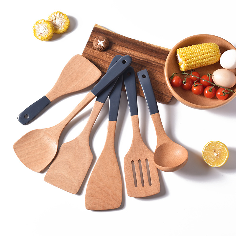 Wooden Spatula Wholesale Beech Long-Handle Spatula New Non-Stick Pan Wooden Turner Meal Spoon Wooden Spoon Handle Gray Set