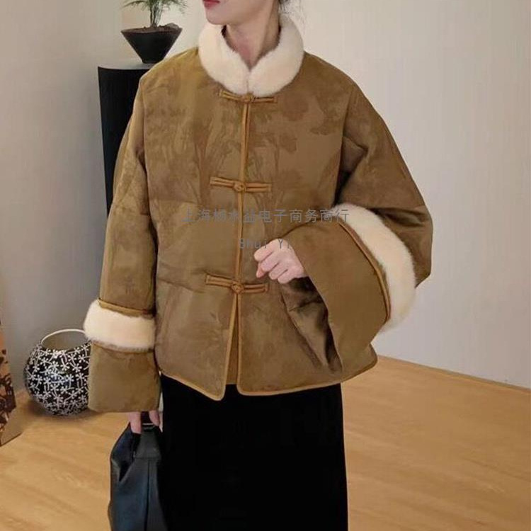 新中式国风提花盘扣羽绒服女2024年冬季新款白鸭绒水貂毛拼接外套