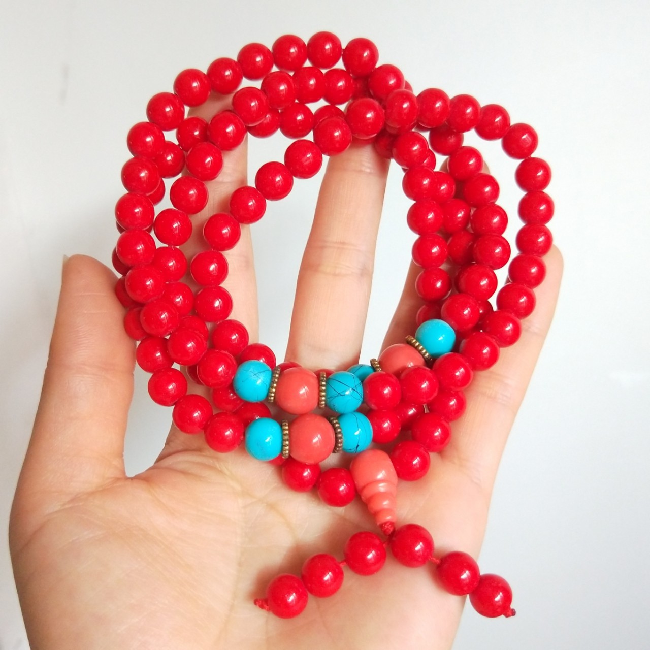 仿红珊瑚手链3圈手串108颗带佛头串珠手链女生礼物-阿里巴巴