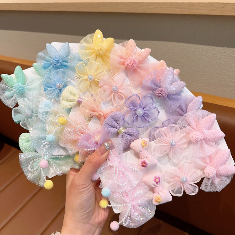 Children's Bow Flower Hairpin Headdress Baby Fabric Lace Bang Clip Girl Princess Does Not Hurt Hair a Pair of Hairclips