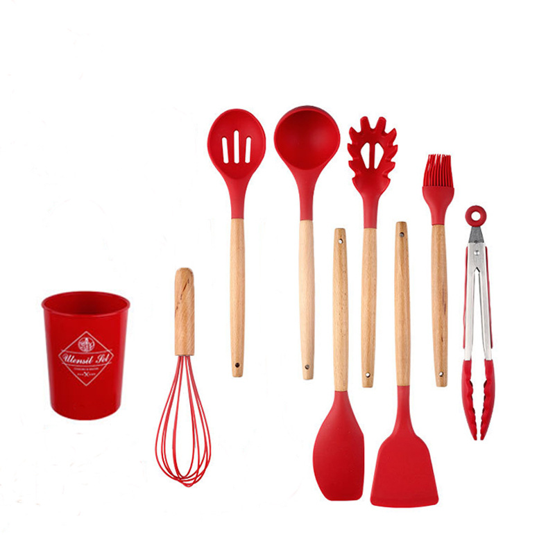 Cross-Border Silicone Kitchenware with Wooden Handle 12-Piece Set Color Kitchen Non-Stick Pan High Temperature Cooking Ladel Kitchenware Set