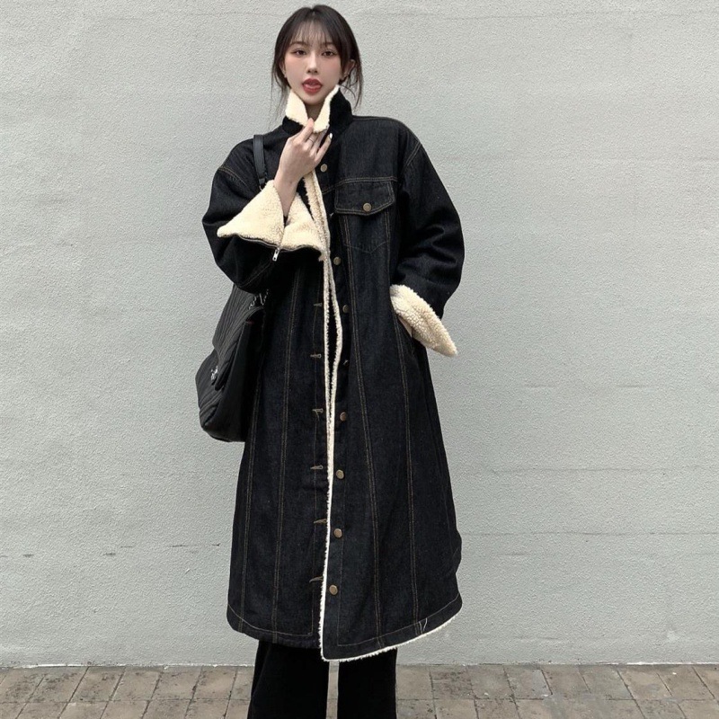 羊羔毛牛仔外套女冬季新款韩版中长款加厚棉衣宽松bf加绒保暖棉服