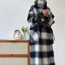 双面羊绒大衣女2023秋冬加厚款韩版气质长款羊毛格子围巾外套