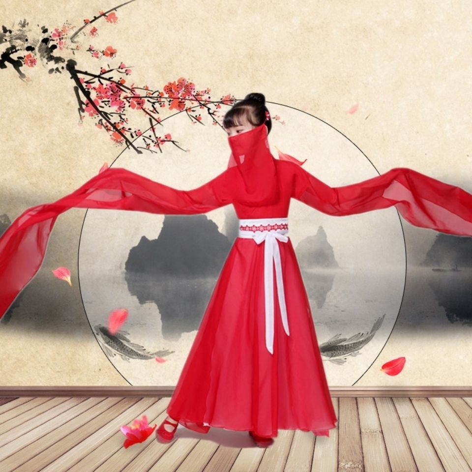 成人女儿童古装汉服女童民族舞蹈演出服水袖古典舞表演服红色汉服