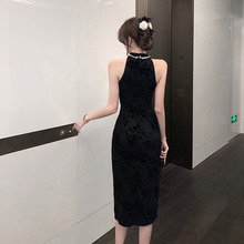 新中式国风改良旗袍黑色包臀挂脖连衣裙气质性感御姐宴会晚礼服裙