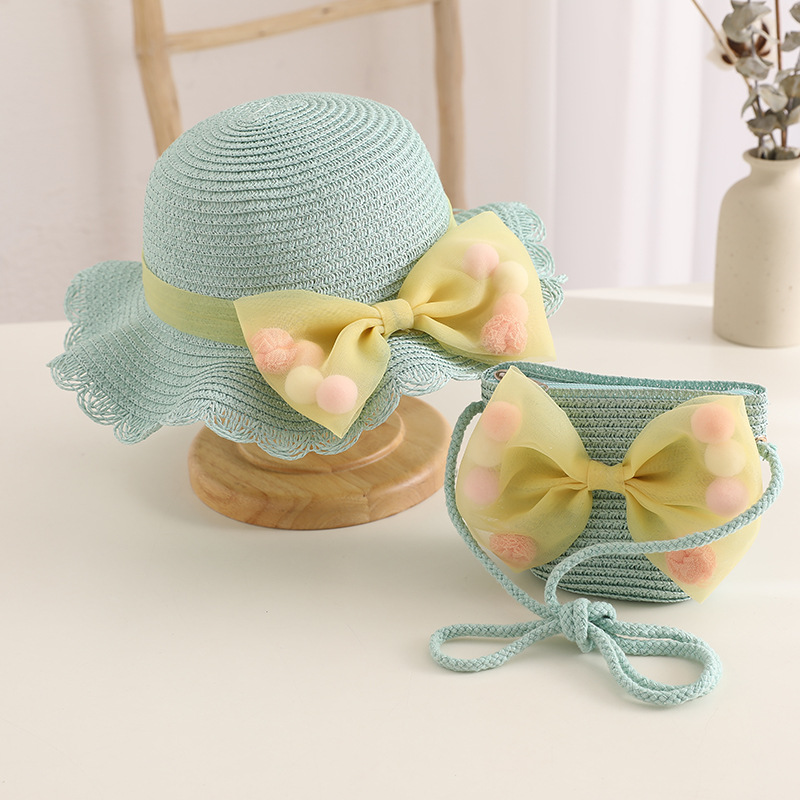 Children's Big Bow Straw Hat Summer Baby Coin Purse Hat Kit Children's Sun Hat Beach Hat