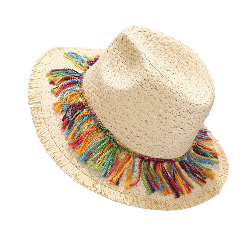 Korean Style Multicolored Tassel Straw Hat Female Beach Trip Vacation Hat Seaside Outdoor Wide Brim Top Hat Sun Protection Sun Hat